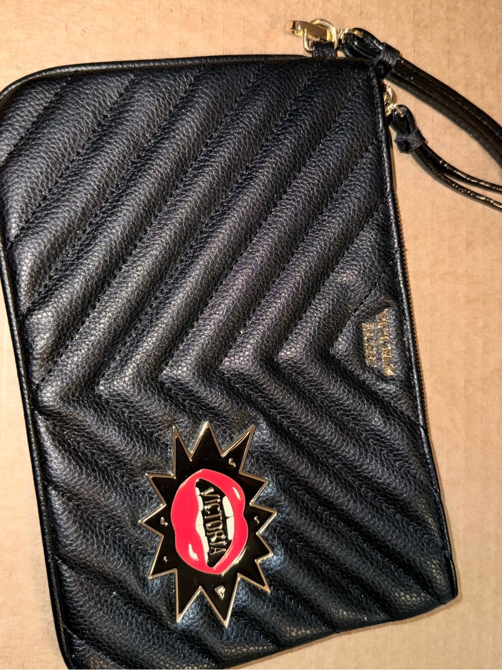 Victoria's Secret Black Quilted Wristlet with Red Lip Emblem